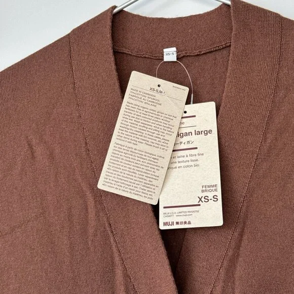 MUJI wide cardigan, Organic Cotton wool, Brick brown red, NWT, XS-S oversize - Picture 3 of 9